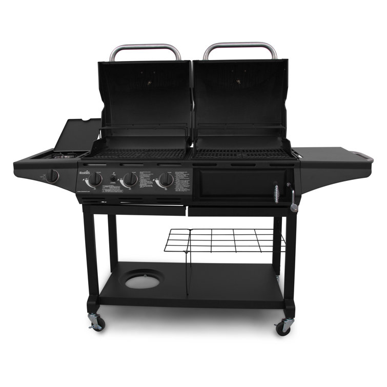 Charcoal and Propane Gas Grill with Side Burner in Black