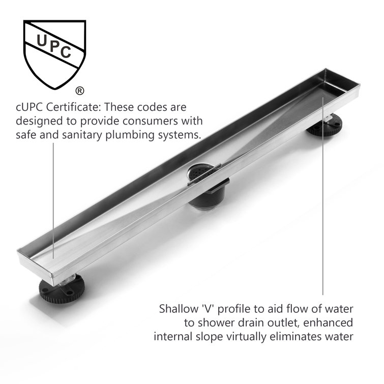 Brush Stainless Steel Linear Shower Drain with Adjustable Feet, 24"
