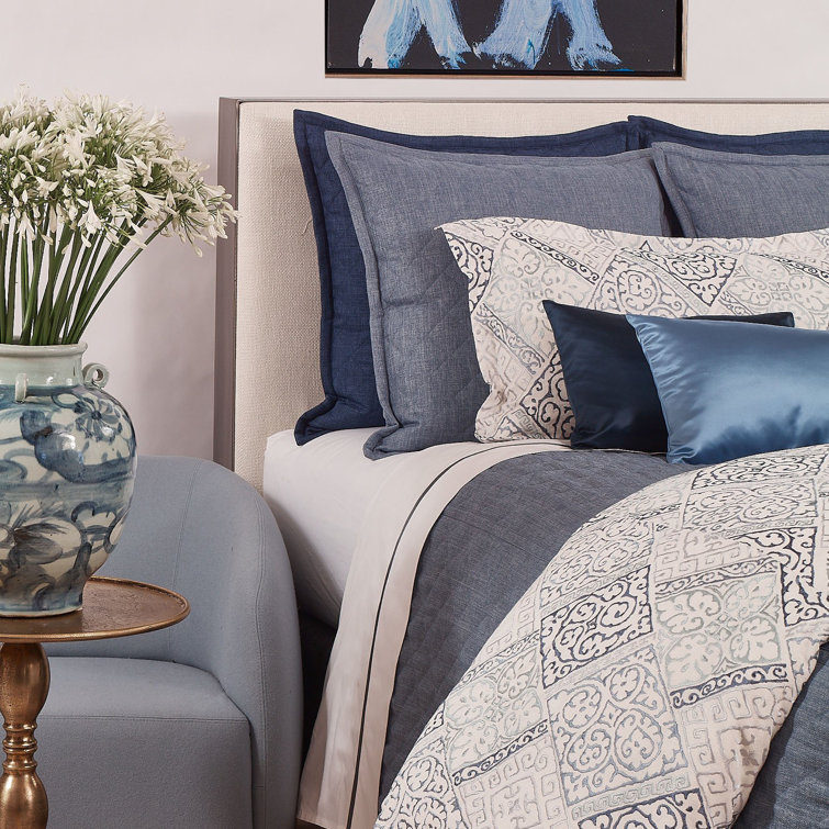 King Size Indigo Linen Quilted Coverlet Set with Euro Shams