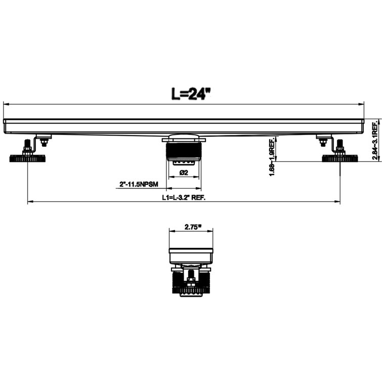 Brush Stainless Steel Linear Shower Drain with Adjustable Feet, 24"