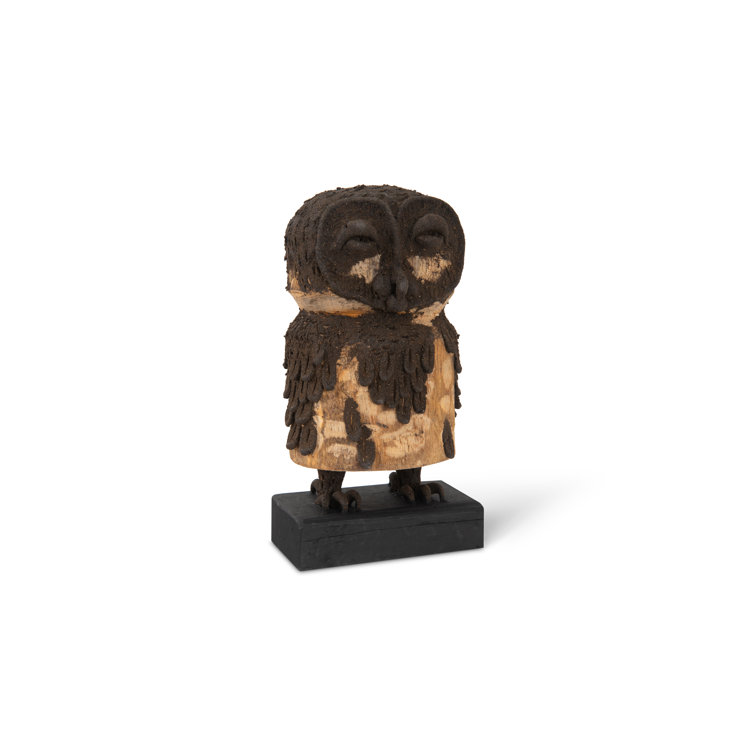 Transitional Brown Wood Owl Carved Sculpture 13"