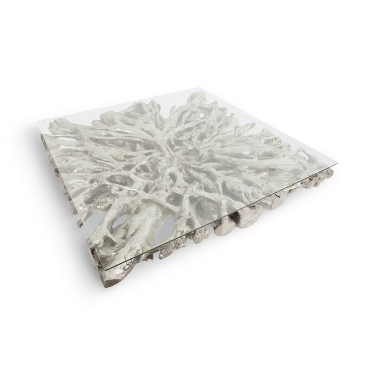Transitional Silver Leaf Square Coffee Table with Glass Top