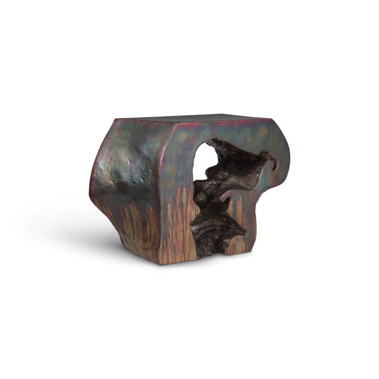 Copper Patina Finish Rectangular Wood and Metal Console Table