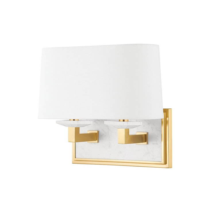 Aged Brass and Marble 2-Light Vanity Sconce with White Linen Shade