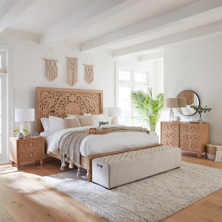 Elegant Floral Carved King Platform Bed in Light Brown