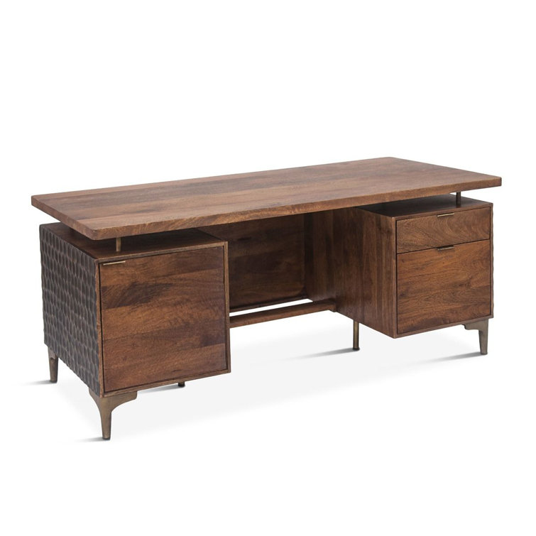 Raw Walnut Mango Wood Executive Desk with Circular Carved Accents
