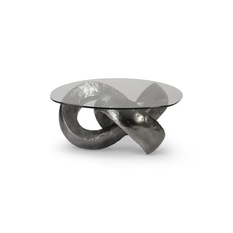 Contemporary Trifoil Round Coffee Table in Liquid Silver with Glass Top