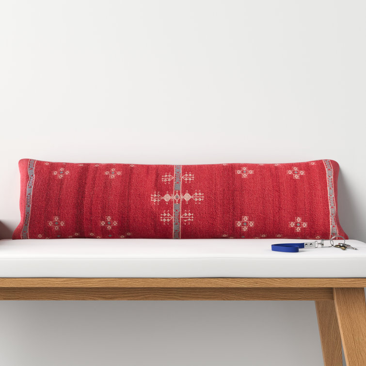 Red Wool Blend Embroidered Lumbar Pillow with Cotton Back