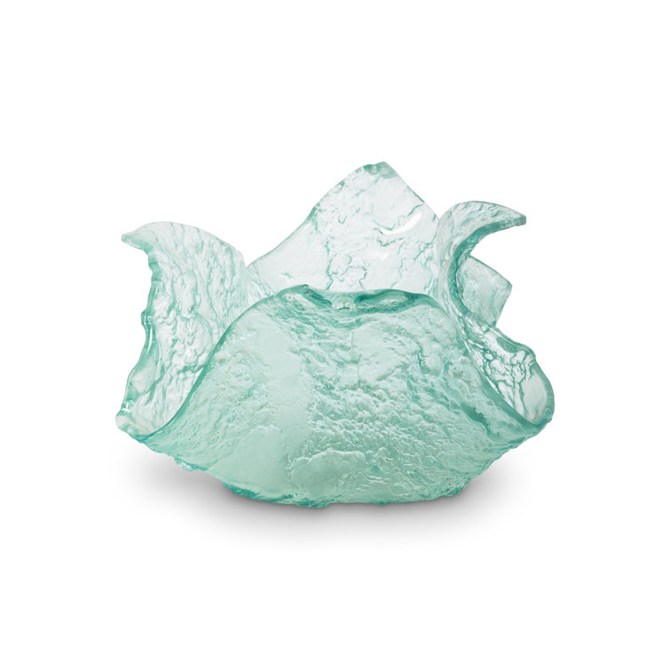 Teal Fluted Edge Bubble Glass Decorative Bowl for Outdoor