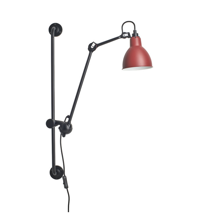 Black and Red Steel Swing Arm Wall Sconce with Round Shade