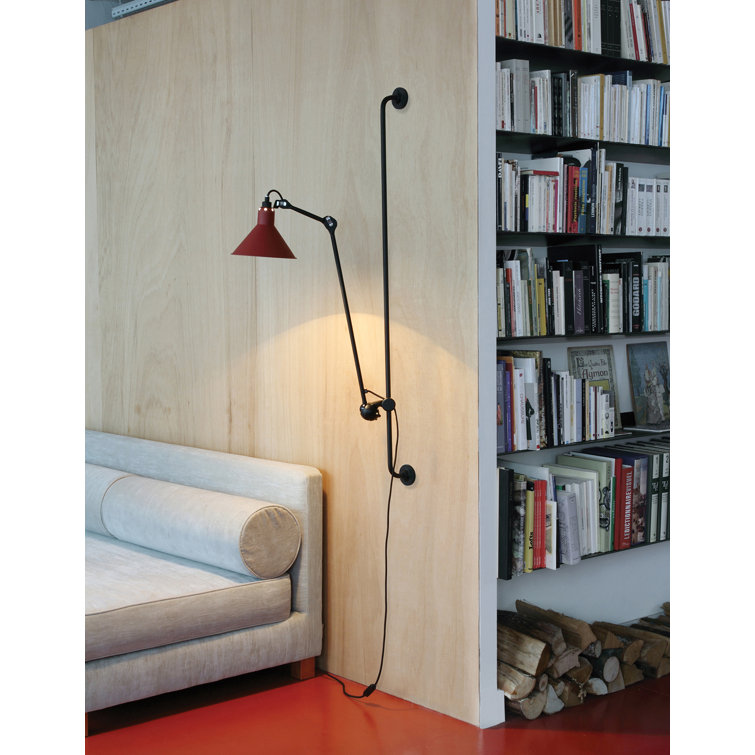Black and Red Steel Swing Arm Wall Sconce with Round Shade