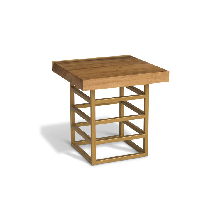 Square Brown Wood and Brass Metal End Table