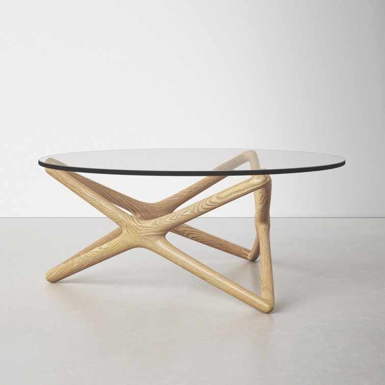 Natural Wood X-Leg Round Glass Coffee Table