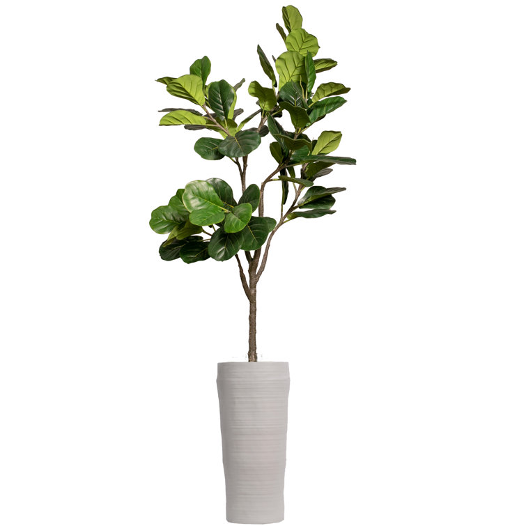 Tall Green Faux Fiddle Leaf Fig Tree in White Fiberstone Planter