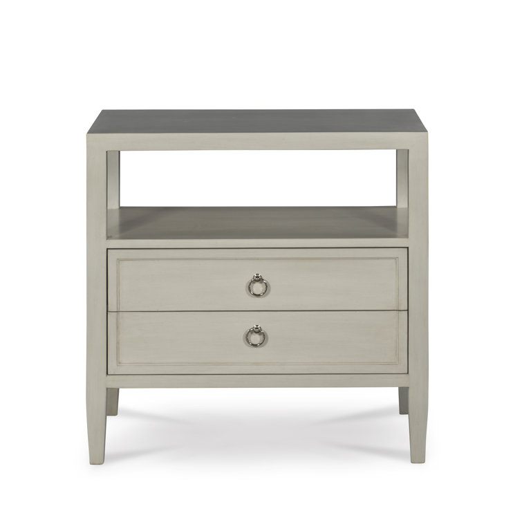 White Wood Two Drawer Nightstand with Open Shelf