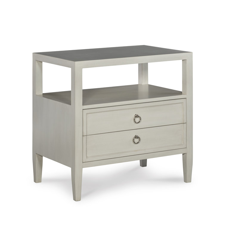 White Wood Two Drawer Nightstand with Open Shelf