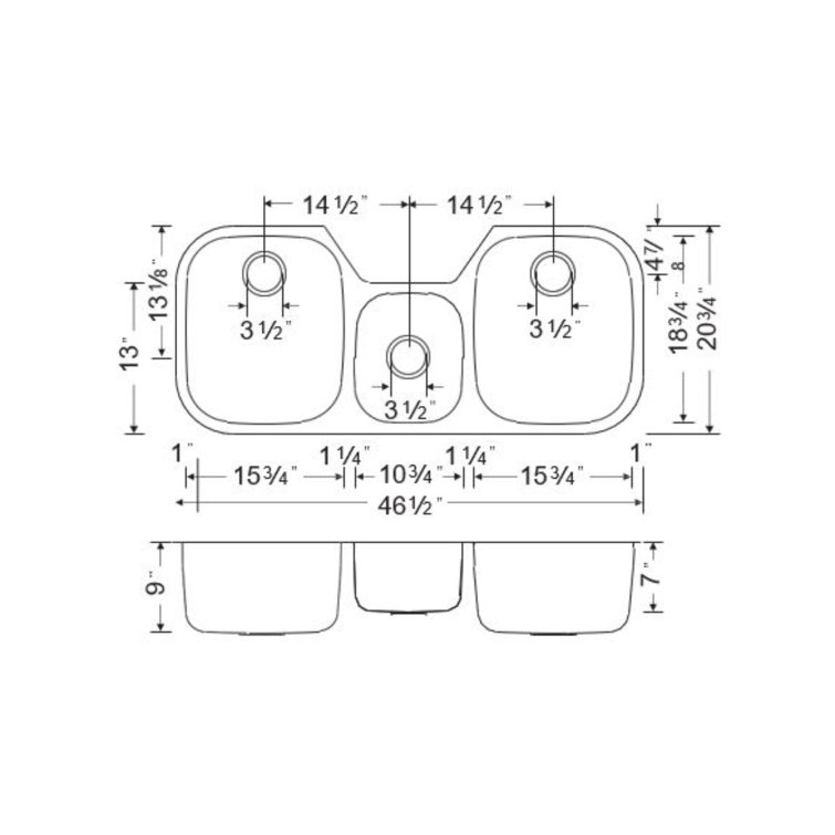46" Triple Bowl Stainless Steel Undermount Kitchen Sink