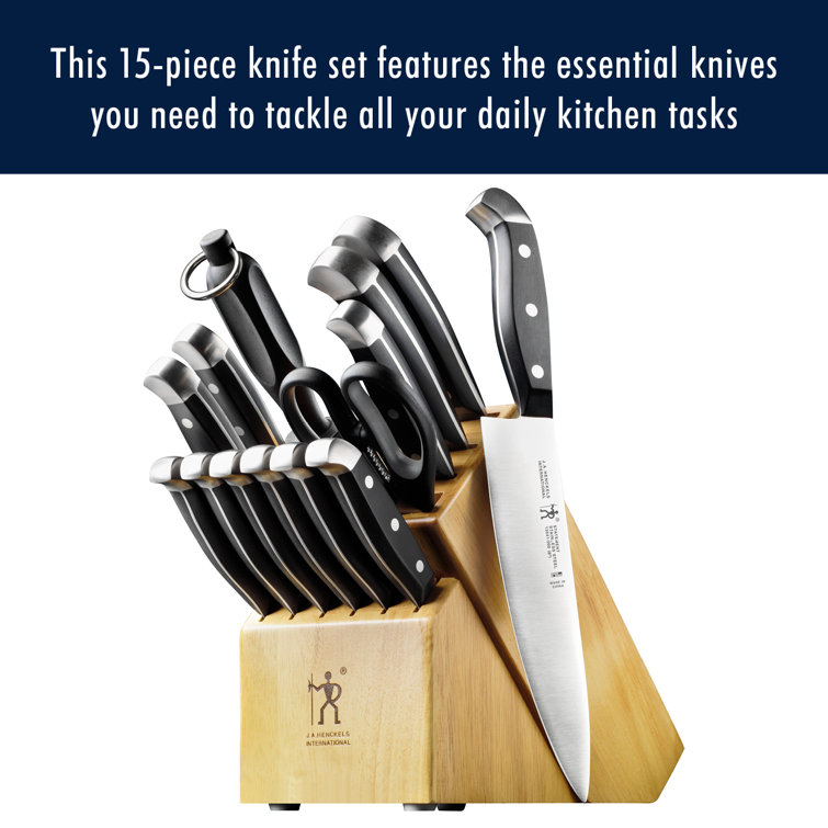 HENCKELS Statement 15-Piece Kitchen Knife Set with Block, Chef Knife, Steak Knife set, Kitchen Knife Sharpener, Light Brown, Stainless Steel