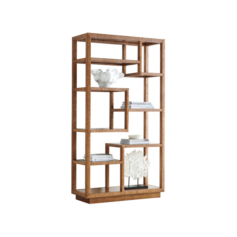 Bryce Brown Wood Raffia Etagere with Asymmetrical Shelves