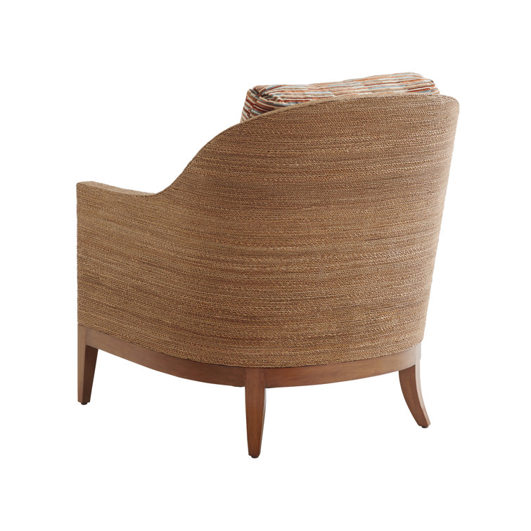 Sundrenched Tan and White Armchair with Wicker Square Arms