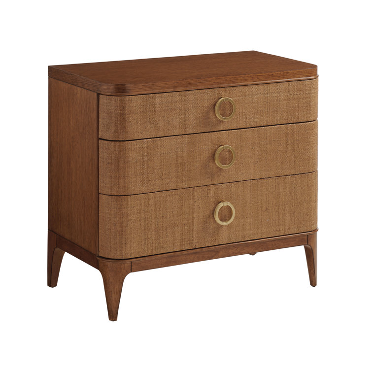 Sierra Tan 3-Drawer Raffia Nightstand with Gold Accents