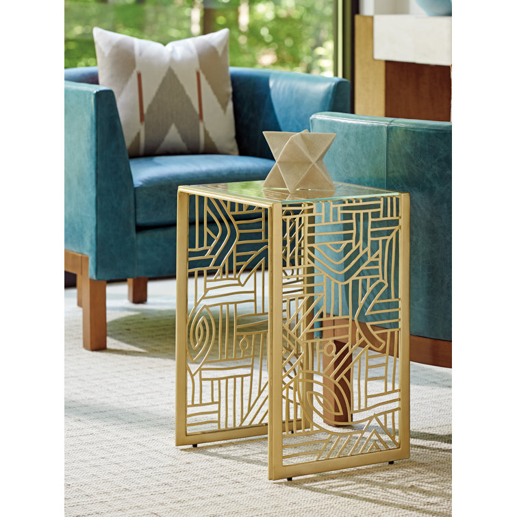 Gold Abstract Metal Square Accent Table with Glass Top
