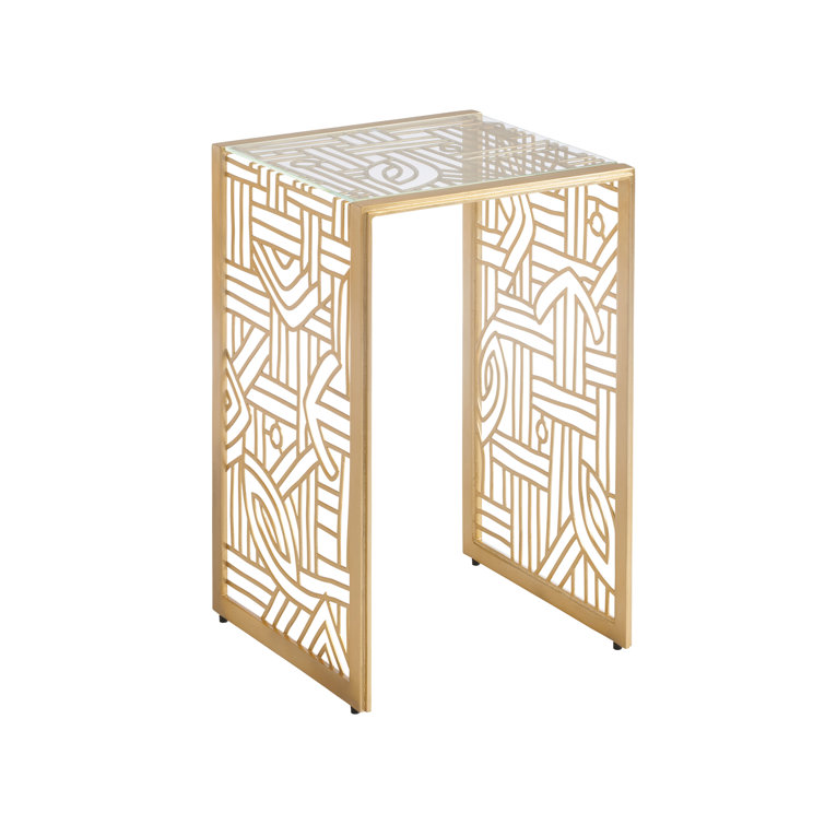 Gold Abstract Metal Square Accent Table with Glass Top