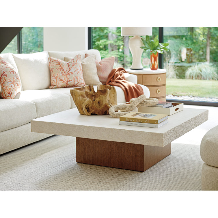 Square Brown and Cream Marble Wood Cocktail Table
