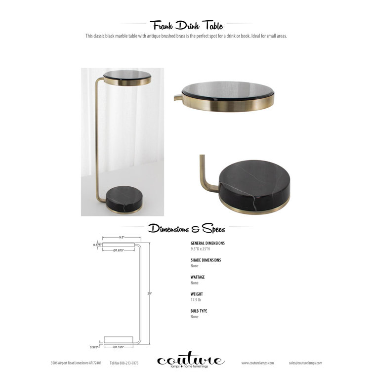 Black Marble and Brass Drink Table Lamp, 25"