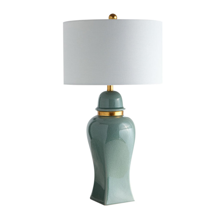 Elegant Jade Green Ceramic Table Lamp with White Linen Shade