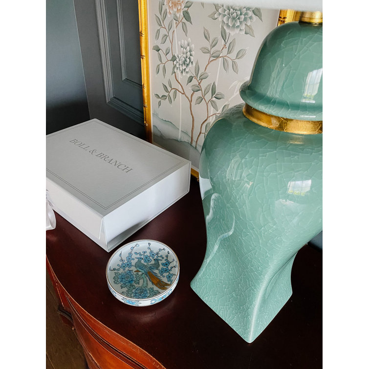 Elegant Jade Green Ceramic Table Lamp with White Linen Shade