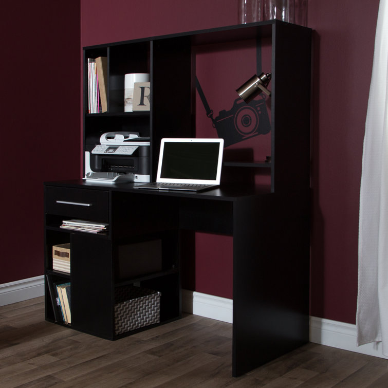 Pure Black Contemporary Home Office Desk with Hutch and USB Ports