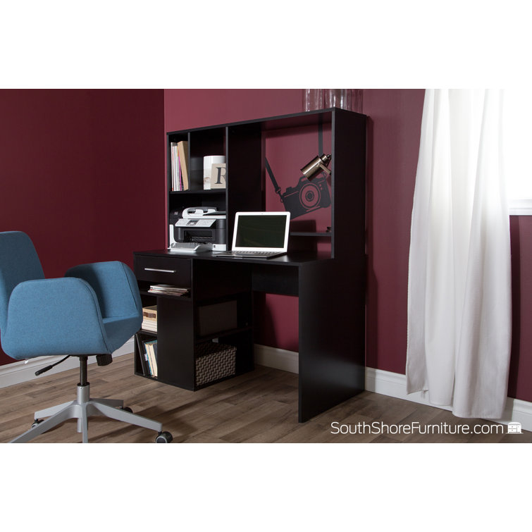 Pure Black Contemporary Home Office Desk with Hutch and USB Ports