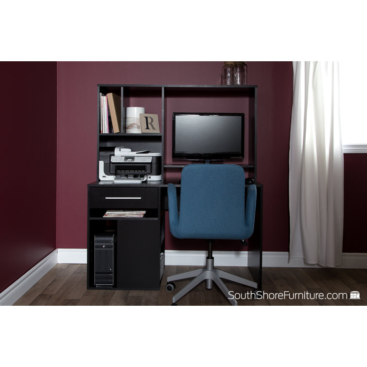 Pure Black Contemporary Home Office Desk with Hutch and USB Ports