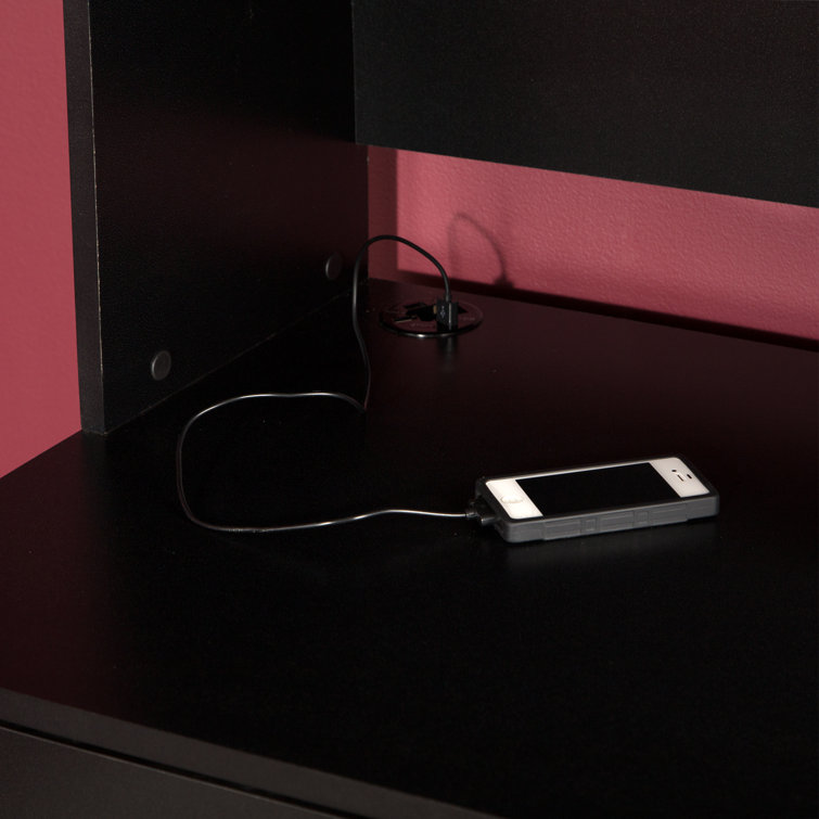 Pure Black Contemporary Home Office Desk with Hutch and USB Ports