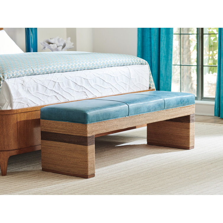 Blue Leather and Wicker Bed Bench