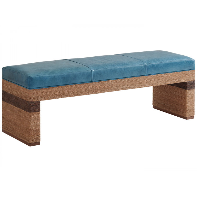 Blue Leather and Wicker Bed Bench