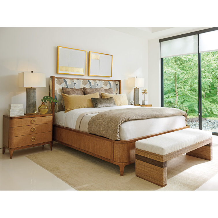Sierra Tan 3-Drawer Raffia Nightstand with Gold Accents