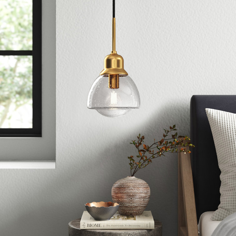 Brass and Seeded Glass Single Pendant Light