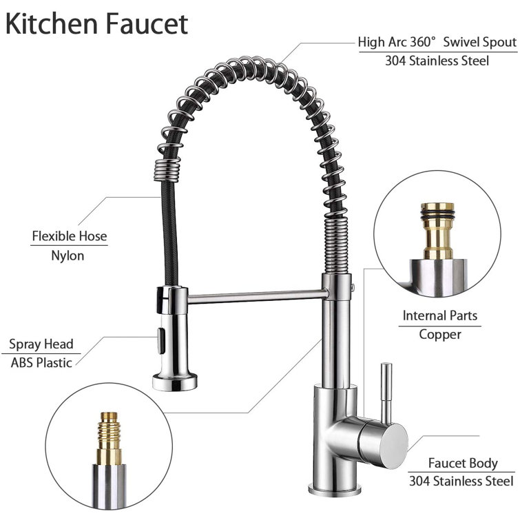 Brushed Nickel Single Handle Pull Down Kitchen Faucet with Spring Neck