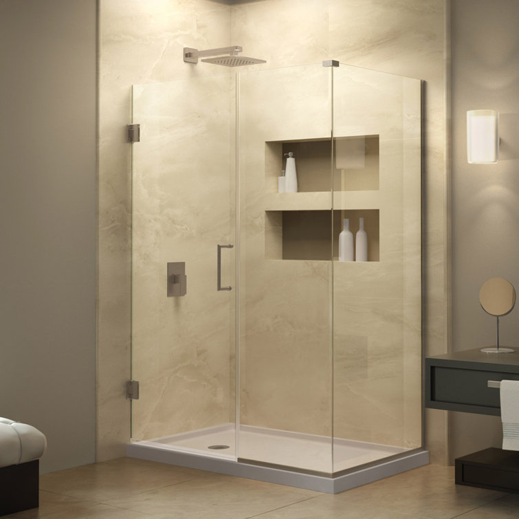 Unidoor Plus Frameless Clear Glass Hinged Shower Enclosure with Distressed Bronze Hardware