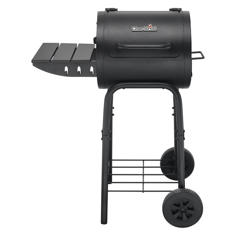 Black Compact Charcoal Grill with Side Shelf and Wheels