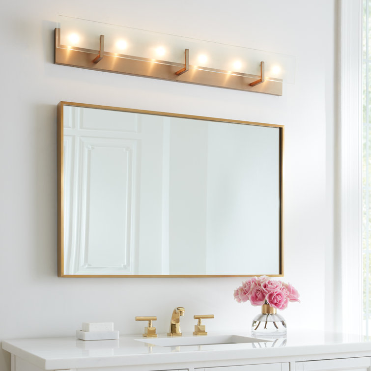 Satin Brass 6-Light Dimmable Outdoor Vanity with Etched Glass