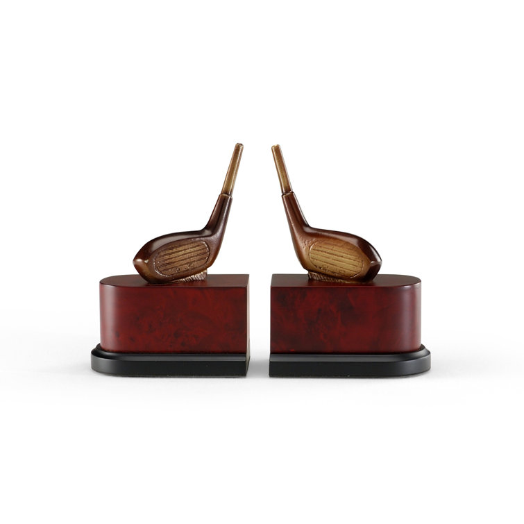 Antiqued Brass and Wood Golf Driver Bookends Set
