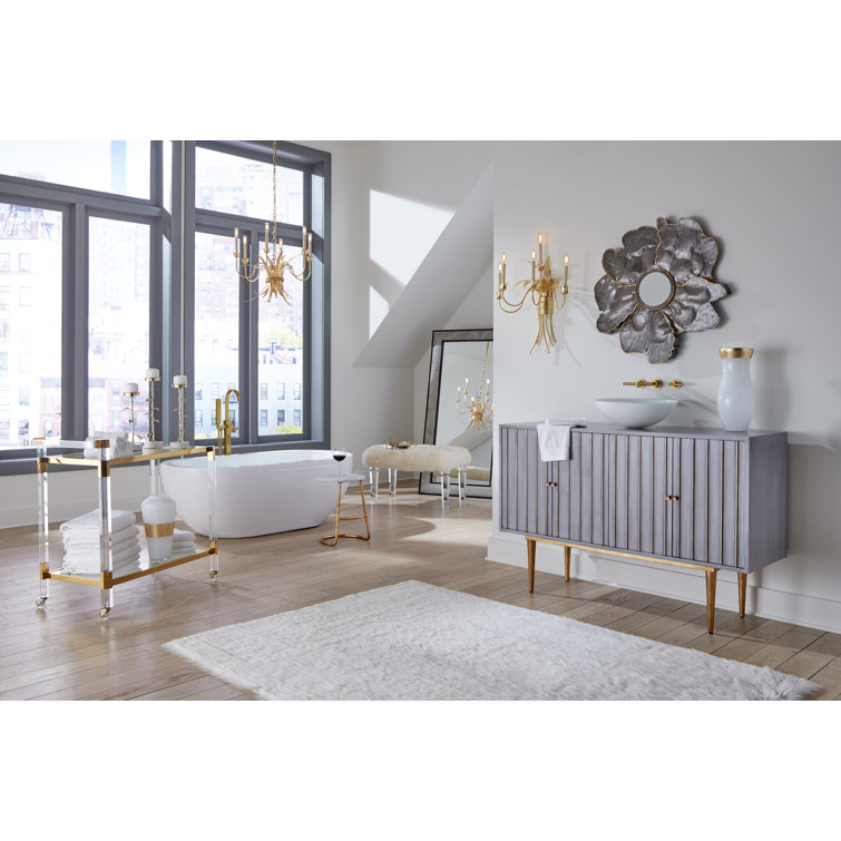 White Faux Fur and Acrylic Upholstered Bench, 32"