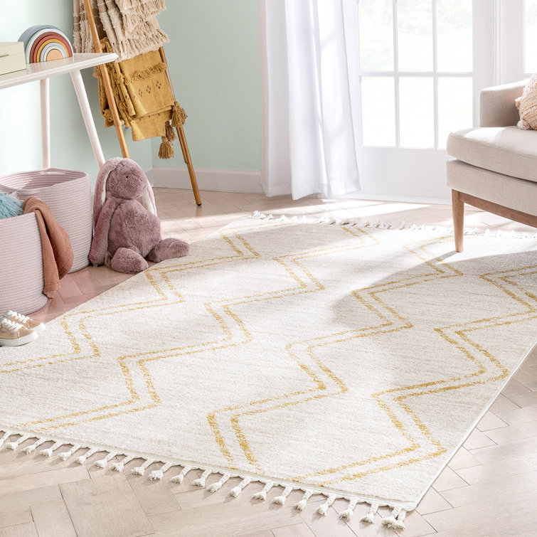 Kennedy Ivory and Yellow Round Synthetic Kids Rug