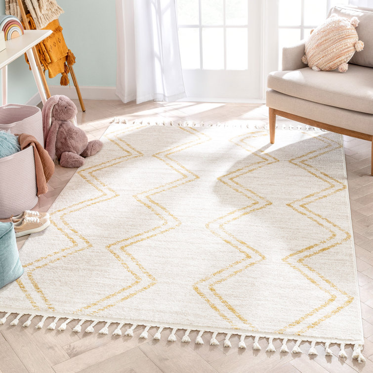 Kennedy Reeve Chevron Zig-Zag Yellow Ivory Kids Round Rug