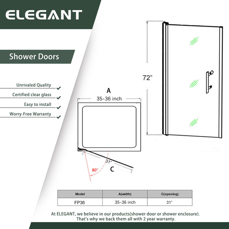 Elegant 36'' x 72'' Clear Tempered Glass Pivot Shower Door