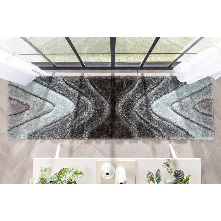 Luz Light Blue Geometric Textured High-Low Shag Runner Rug