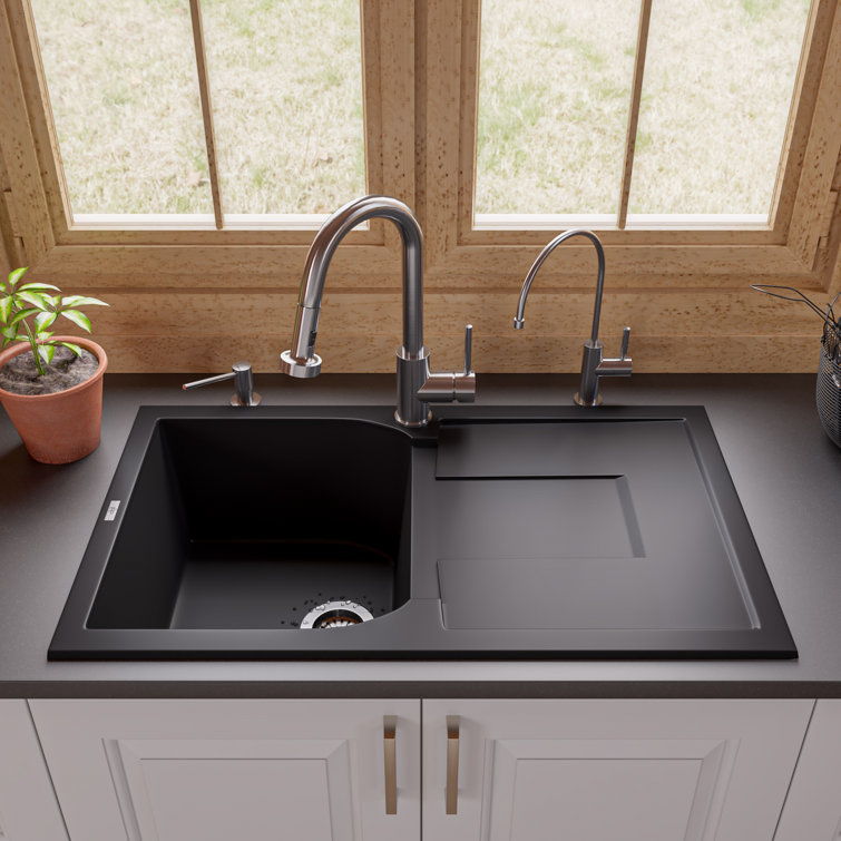 34'' Black Granite Single Bowl Kitchen Sink with Drainboard